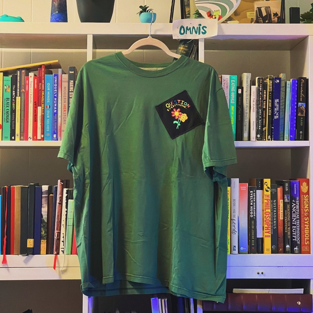 xl green shirt with embroidered patch neon flowers question everything quote